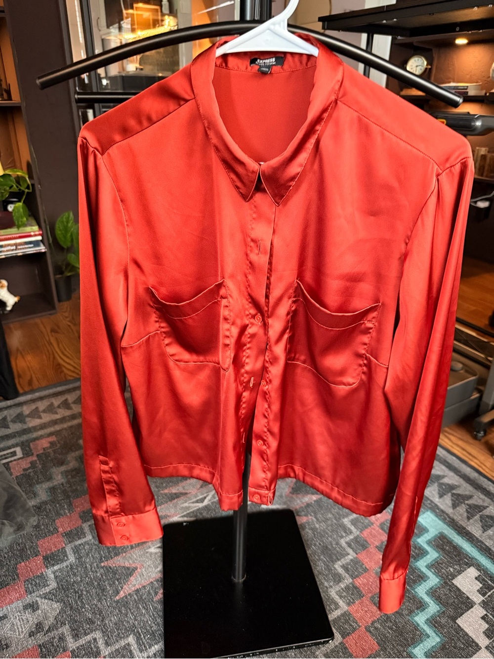 Red/Burnt Orange Satin Button-Front Blouse